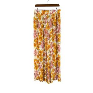 Rose Olive Floral Print Pleated Wide Leg Pants Womens Sz L Bloomcore‎ Artsy Boho